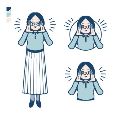 Gözlüklü genç bir kadın yüksek sesle görüntü alıyor. Bu vektör sanatı, bu yüzden düzenlemek kolay..