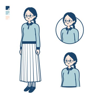 Yana bakan gözlüklü genç bir kadın. Bu vektör sanatı, bu yüzden düzenlemek kolay..