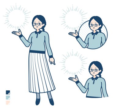 Gözlüklü genç bir kadın, ışık görüntülerini manipüle ediyor. Bu vektör sanatı, bu yüzden düzenlemek kolay..