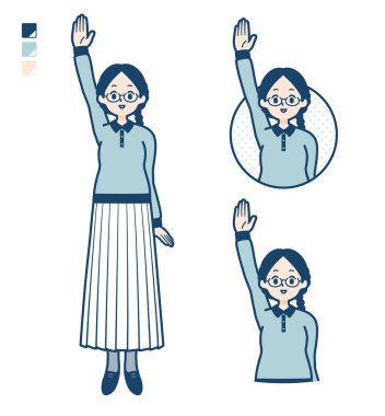 Gözlüklü genç bir kadın el resmini kaldırsın. Bu vektör sanatı, yani montajlaması kolay..