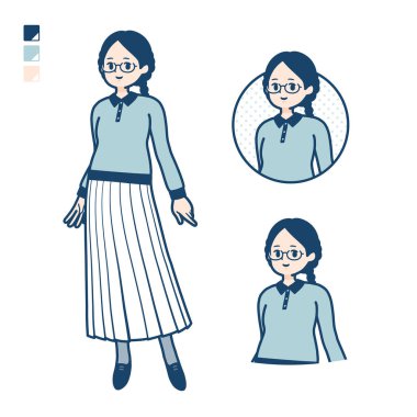 Rahat poz veren gözlüklü genç bir kadın. Bu vektör sanatı, yani montajlaması kolay..