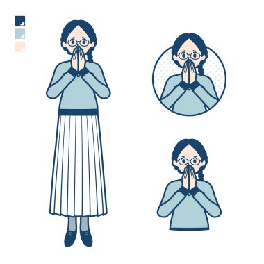 Gözlüklü genç bir kadın. Şaşırmış ve rahatsız edici görüntüler. Bu vektör sanatı..