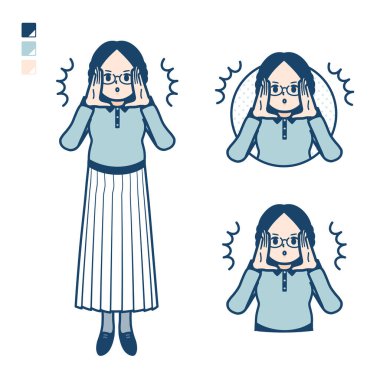 Yüksek sesle uyarılmış gözlüklü genç bir kadın. Bu vektör sanatı, bu yüzden düzenlemek kolay..