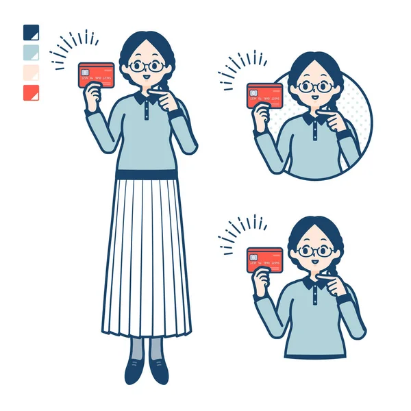 一个拿着眼镜指着信用卡图片的年轻女人 它是矢量艺术 所以很容易编辑 — 图库矢量图片