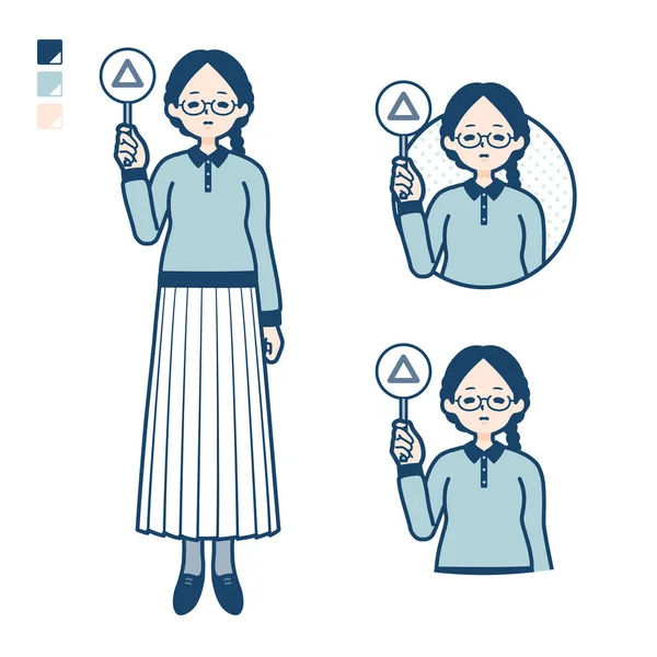 一个戴着眼镜的年轻女人拿出一张三角形的嵌图 它是矢量艺术 所以很容易编辑 — 图库矢量图片