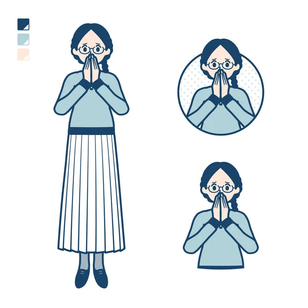 Gözlüklü genç bir kadın. Şaşırmış ve rahatsız edici görüntüler. Bu vektör sanatı..