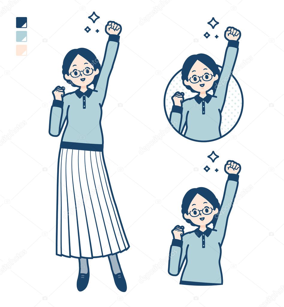 A young woman with glasses with fist pump images.It's vector art so it's easy to edit.