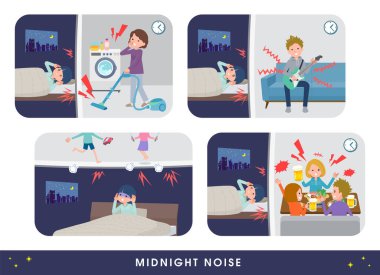 Komşularının gürültüsünden muzdarip bir grup doğal tarz kadın. Bu vektör sanatını düzenlemek çok kolay..