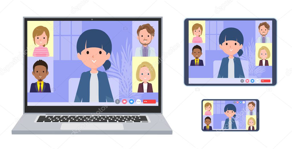 A set of natural style women having an online meeting. A set of laptop, tablet and smartphone.It's vector art so easy to edit.