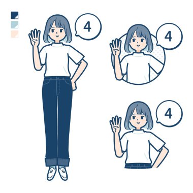 A young woman in a T-shirt with Counting as 4 images.It's vector art so it's easy to edit.
