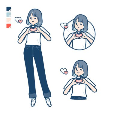 A young woman in a T-shirt with making a heart symbol by hand images.It's vector art so it's easy to edit.