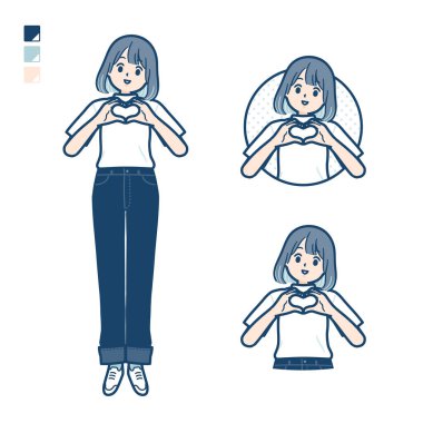 A young woman in a T-shirt with making a heart symbol by hand images.It's vector art so it's easy to edit.