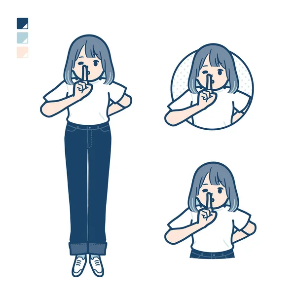 Young Woman Shirt Quiet Hand Sign Images Vector Art Easy — Stock vektor