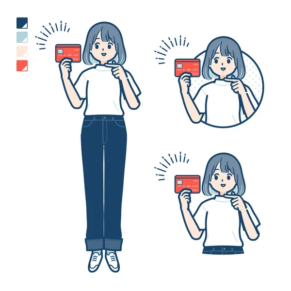 Young Woman Shirt Pointing Credit Card Images Vector Art Easy — 图库矢量图片