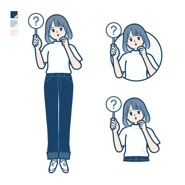 Young Woman Shirt Put Out Question Panel Images Vector Art — 스톡 벡터
