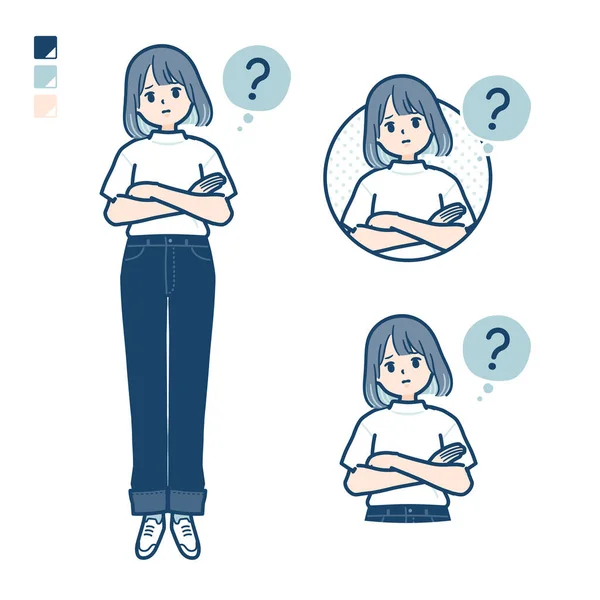 Young Woman Shirt Question Images Vector Art Easy Edit — 스톡 벡터