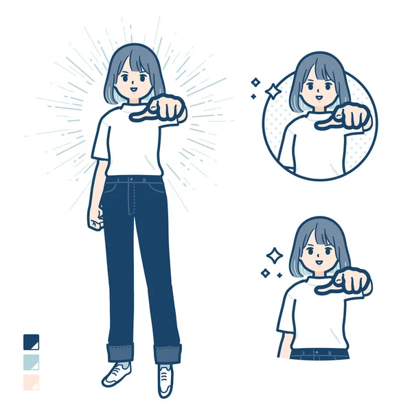 Young Woman Shirt Pointing Front Images Vector Art Easy Edit — 스톡 벡터