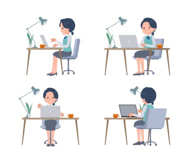 A set of Clerk woman working at a desk at a computer.It's vector art so easy to edit.