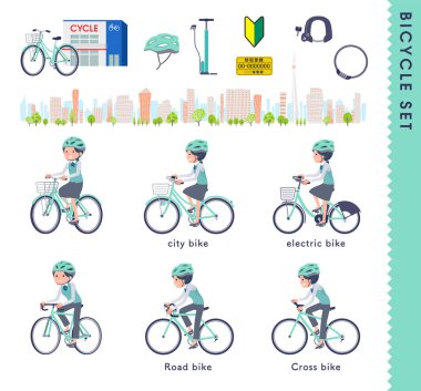 A set of Clerk woman riding various bicycles.It's vector art so easy to edit.