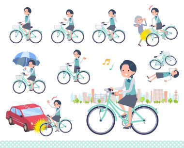 A set of Clerk woman riding a city cycle.It's vector art so easy to edit.