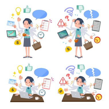 A set of Clerk woman who perform multitasking in the office.It's vector art so easy to edit.