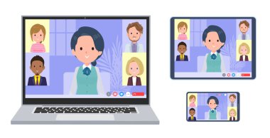 A set of Clerk woman having an online meeting. A set of laptop, tablet and smartphone.It's vector art so easy to edit.