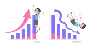 A set of Clerk woman who express performance up and performance down.It's vector art so easy to edit.