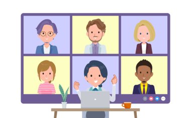 A set of Clerk woman having an online meeting with multiple people. Front angle.It's vector art so easy to edit.