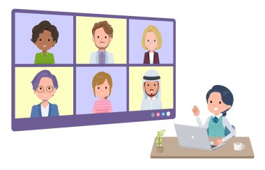 A set of Clerk woman having an online meeting with multiple people. perspective angle.It's vector art so easy to edit.