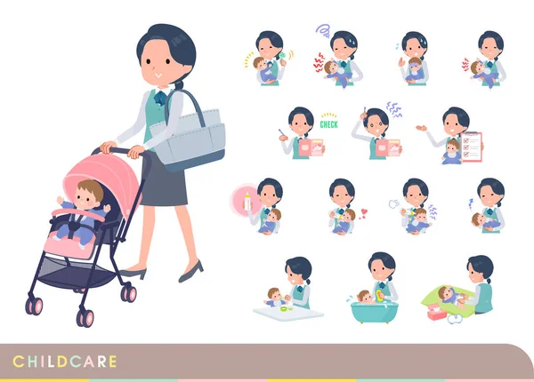 Set Clerk Woman Who Take Care Baby Vector Art Easy — ストックベクタ