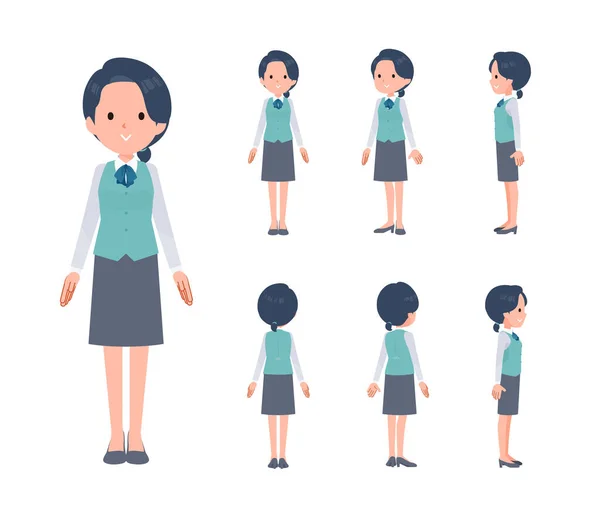 Set Clerk Woman Standing Front Side Back Angles Vector Art — Archivo Imágenes Vectoriales