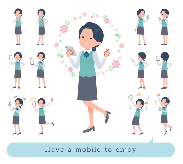 Set Clerk Woman Enjoy Using Smartphone Vector Art Easy Edit — Stockvector