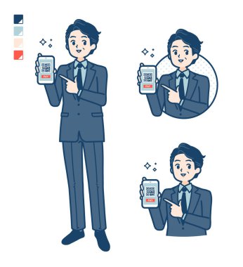 Takım elbiseli orta yaşlı bir işadamı. Akıllı telefon görüntülerine parasız ödeme yapıyor. Bu vektör sanatı..