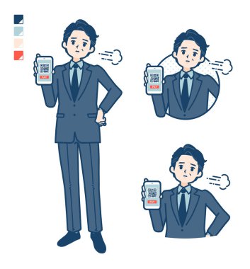 Takım elbiseli orta yaşlı bir işadamı. Akıllı telefon için nakit ödemesi yok. Sorunlu imajlar..