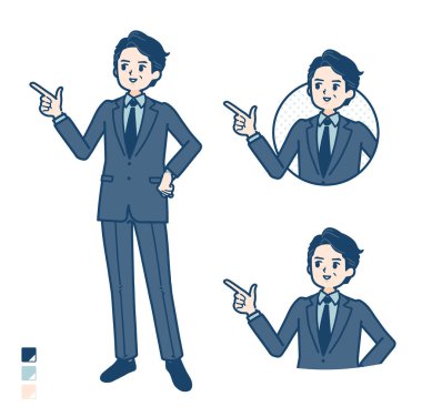 Takım elbiseli orta yaşlı bir işadamı, resimlere işaret ediyor. Bu vektör sanatı, bu yüzden düzenlemesi kolay..