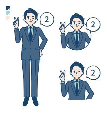 Takım elbiseli orta yaşlı bir işadamı 2 resim olarak sayar. Bu vektör sanatı, bu yüzden düzenlemek kolay..