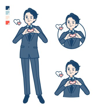 Takım elbiseli orta yaşlı bir iş adamı, kalp sembolünü elle çiziyor. Bu vektör sanatı, bu yüzden düzenlemesi kolay..