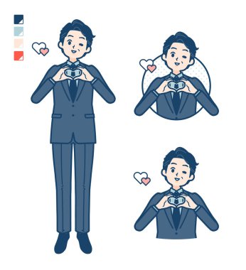 Takım elbiseli orta yaşlı bir iş adamı, kalp sembolünü elle çiziyor. Bu vektör sanatı, bu yüzden düzenlemesi kolay..