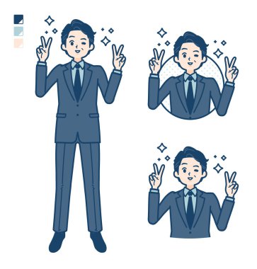 Takım elbiseli, barış işareti olan orta yaşlı bir işadamı. Vektör sanatı olduğu için düzenlemesi kolay..