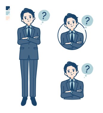 Takım elbiseli orta yaşlı bir iş adamı soru sorar. Vektör sanatı olduğu için düzenlemek kolay..