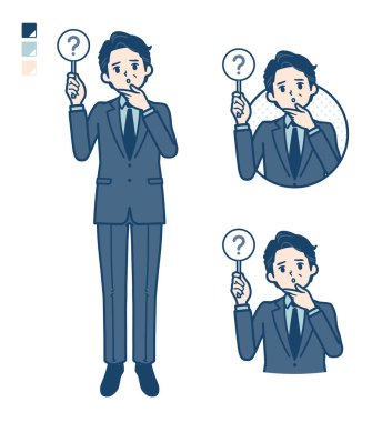 Takım elbiseli orta yaşlı bir işadamı soru paneli görüntüsü yayınlar. Bu vektör sanatı, yani düzenlemek kolay..