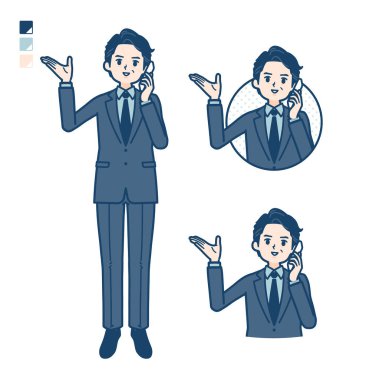 Takım elbiseli orta yaşlı bir işadamı akıllı telefondan arama yapıyor. Bu vektör sanatı, yani montajlaması kolay..