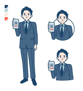 Takım elbiseli orta yaşlı bir işadamı. Akıllı telefon görüntülerine parasız ödeme yapıyor. Bu vektör sanatı..