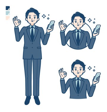 Takım elbiseli, elinde akıllı bir telefon olan orta yaşlı bir iş adamı ve tamam tabelaları çiziyor. Bu vektör sanatı, bu yüzden düzenlemek kolay..