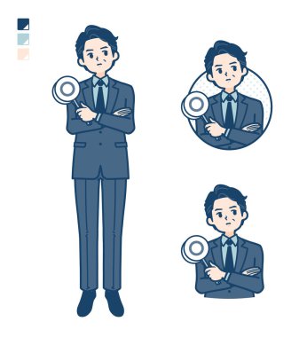 Takım elbiseli orta yaşlı bir iş adamı. Cevapları düşün. Bu vektör sanatı..