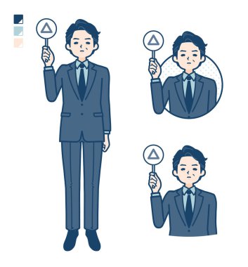 Takım elbiseli orta yaşlı bir iş adamı. Üçgen panelli bir görüntü yayıyor. Bu vektör sanatı..