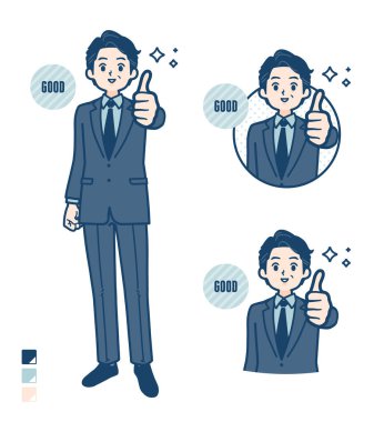 Takım elbiseli orta yaşlı bir iş adamı. Başparmaklarını kaldırır. Bu vektör sanatı..