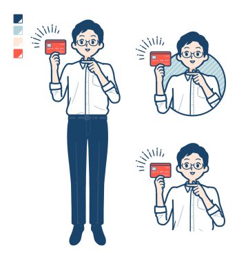 Tişörtlü bir adam kredi kartı görüntülerine bakıyor. Vektör sanatı olduğu için düzenlemesi kolay..