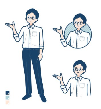 Açıklama görüntüsü olan tişörtlü bir adam. Vektör sanatı olduğu için düzenlemesi kolay..