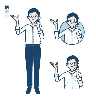 Üzerinde akıllı telefon görüntüsü olan tişörtlü bir adam. Vektör sanatı olduğu için düzenlemesi kolay..